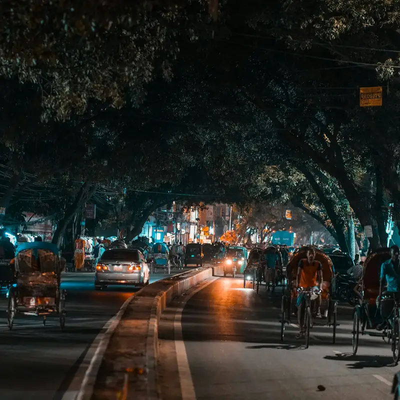 A tree-covered Dhaka road at night, with cycle rickshaws on both sides and warm shop light ahead