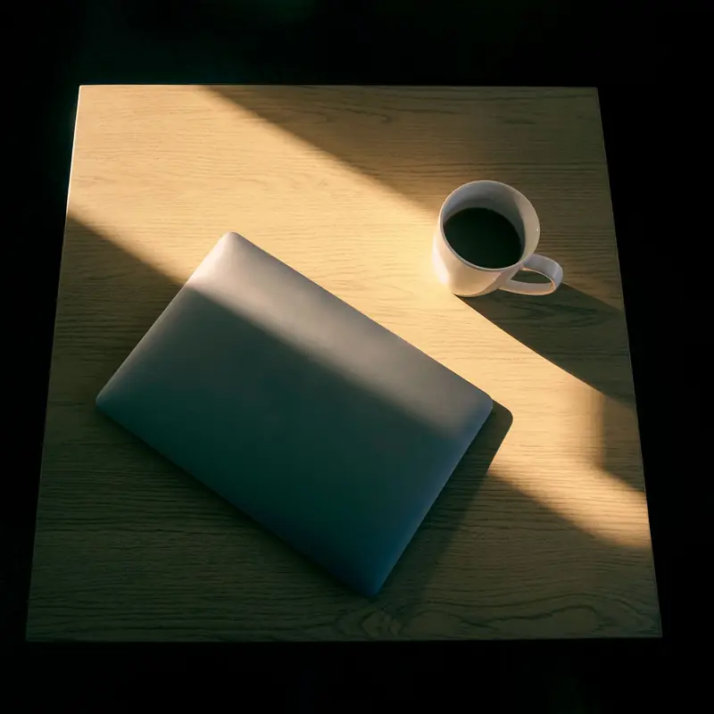 A closed silver laptop and a cup of black coffee on a pale wooden table, crossed by a diagonal shaft of warm sunlight