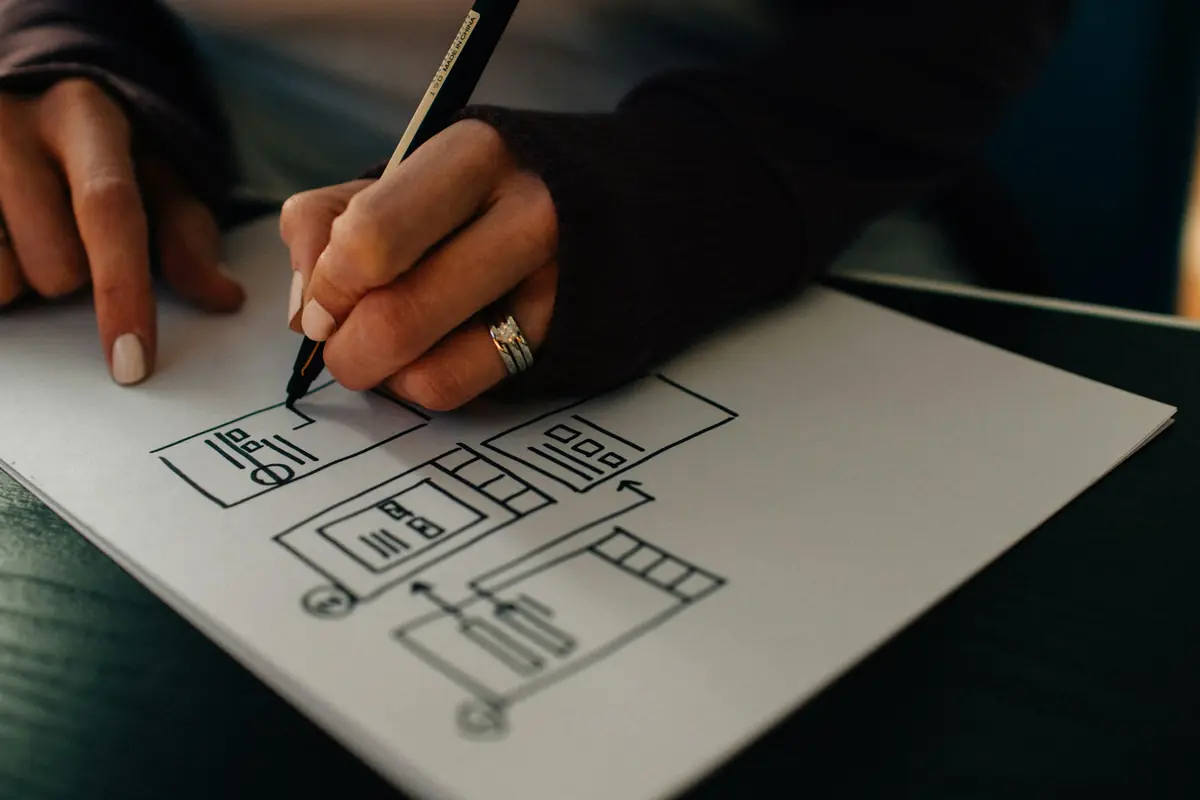 Hands drawing website wireframe boxes and arrows in black pen on white paper on a dark desk