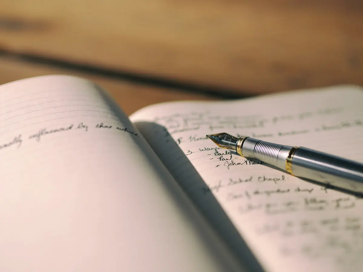 An open journal with lines of handwriting and a silver-and-gold fountain pen resting on the page, in warm light